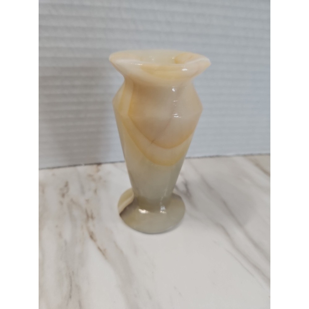 Vintage Cream/White Agate Small Stone Vase Earthy-tan Veining Marbled Heavy